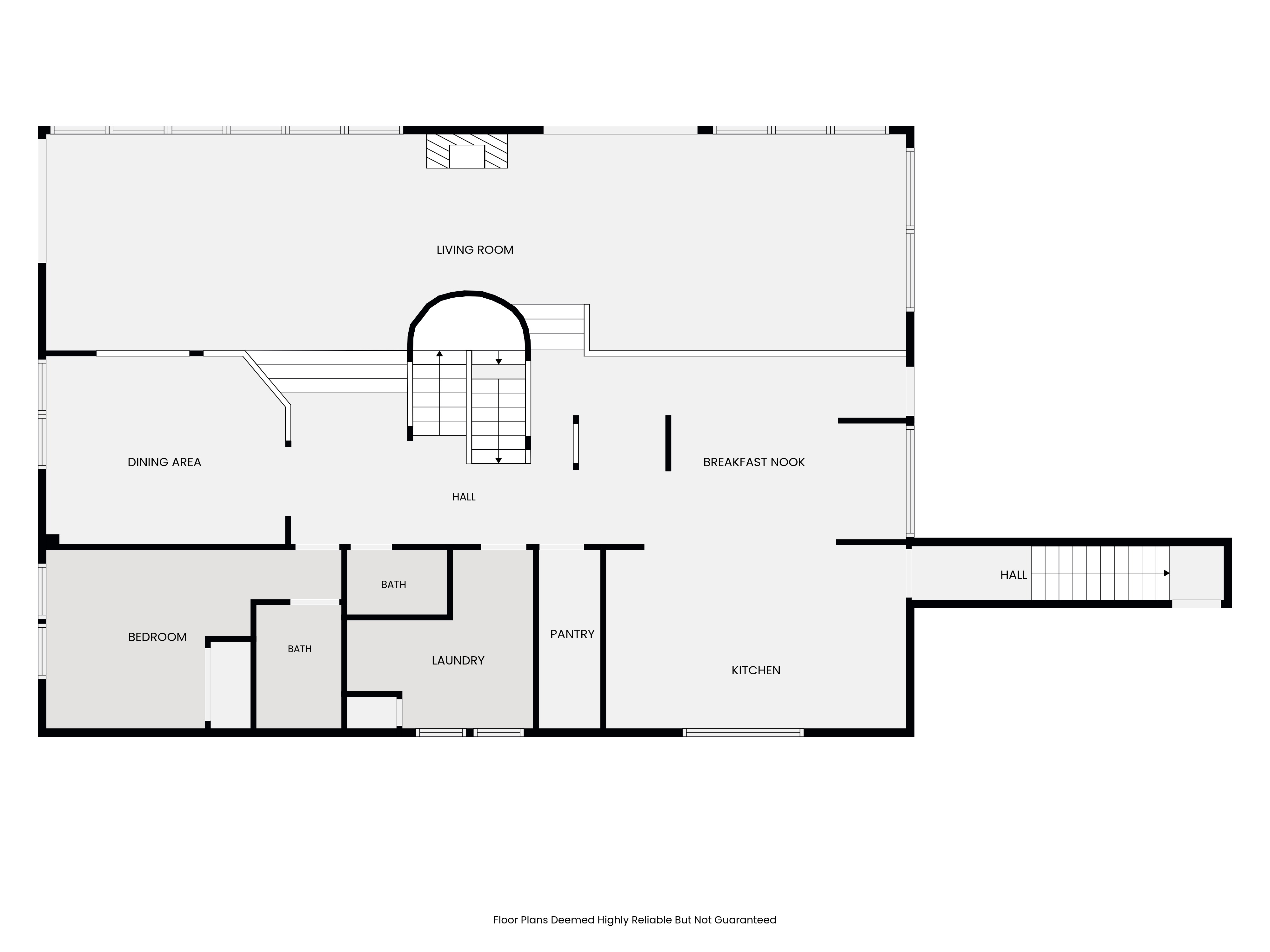 Second floor plan showing living room, dining area and kitchen