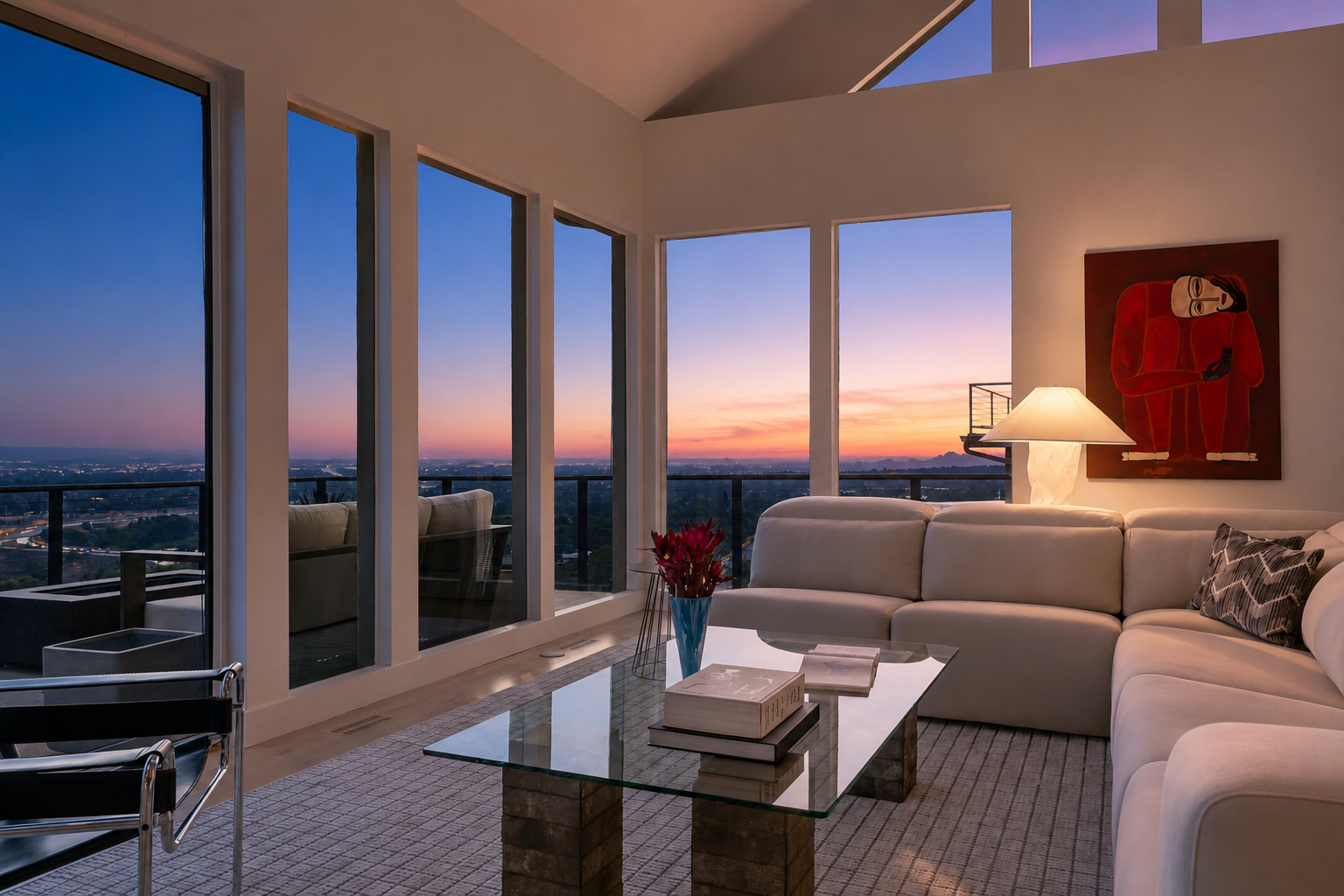 Twilight great room with city and mountain views