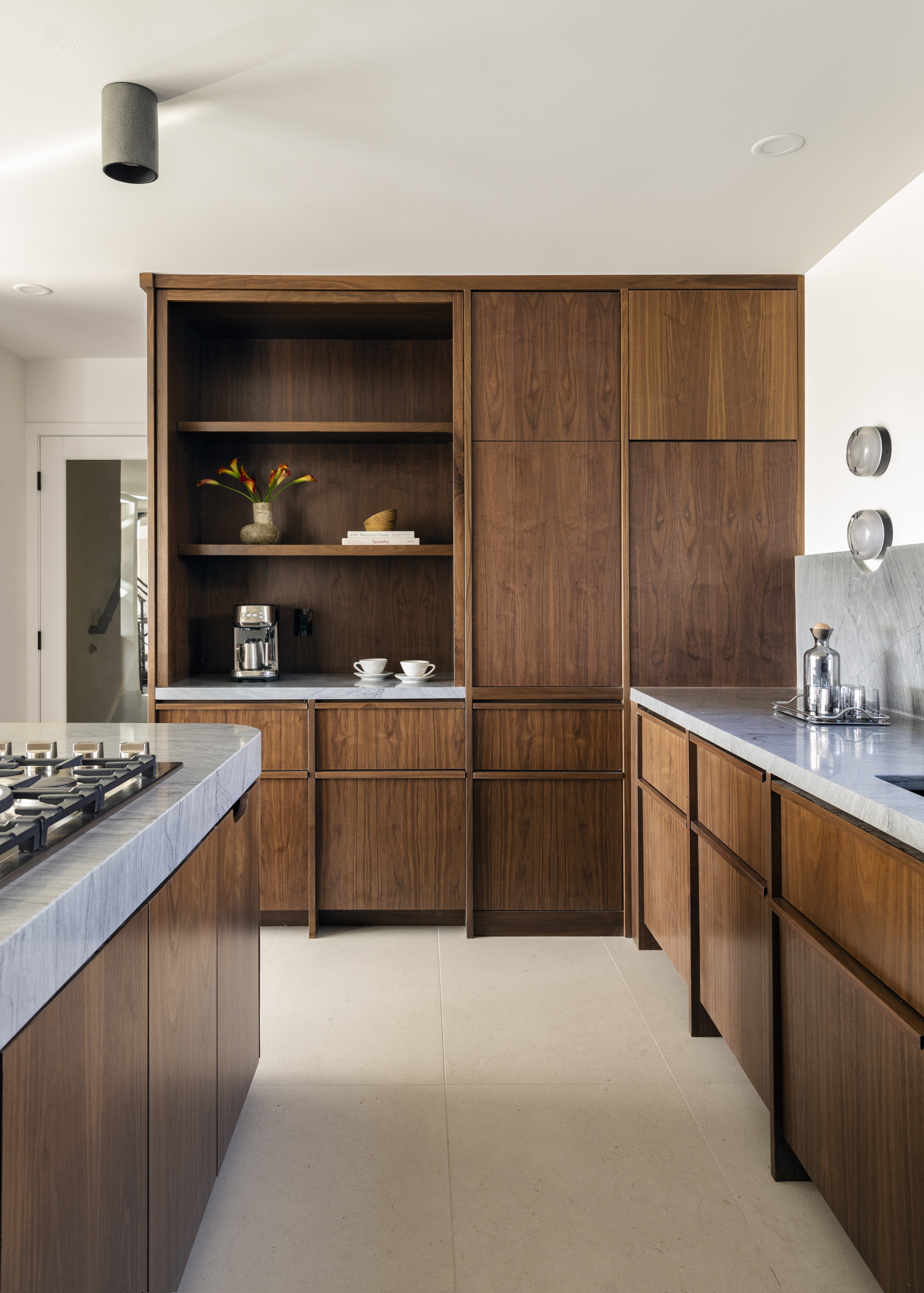 Walnut kitchen cabinetry with quartzite counters