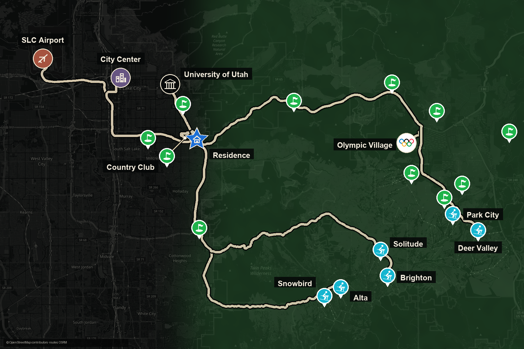 Road routes from the residence to the city center, SLC Airport, the University of Utah, Country Club, Olympic Village and nearby ski resorts, with Salt Lake and Summit County golf courses marked by icons